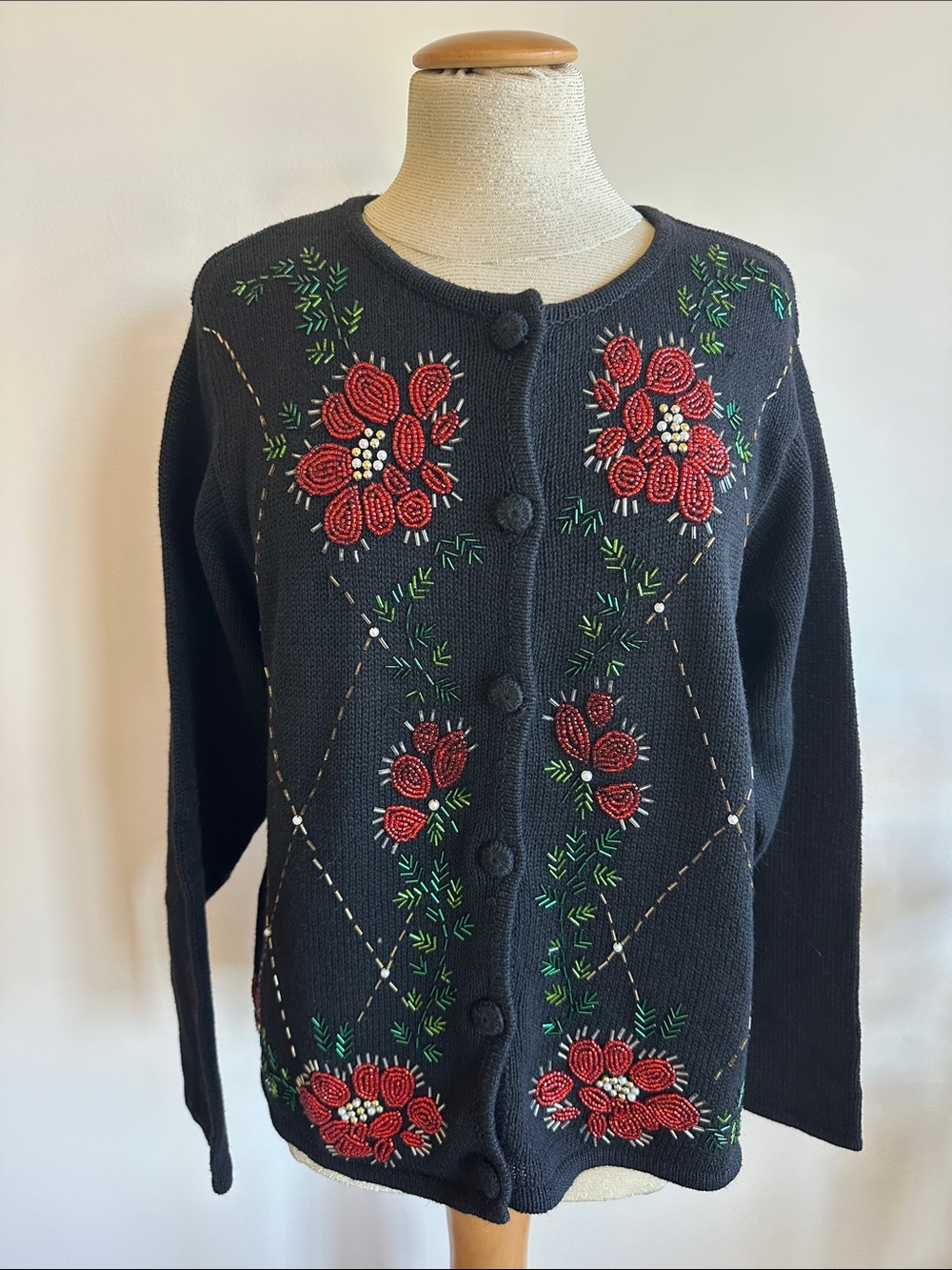 Victoria Jones Woman Black Cardigan with Red Floral Embroidery